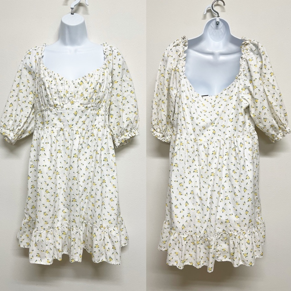 Rahi Womens Yellow Floral Sweetheart Neckline Midi Puff Sleeve Dress Size XL